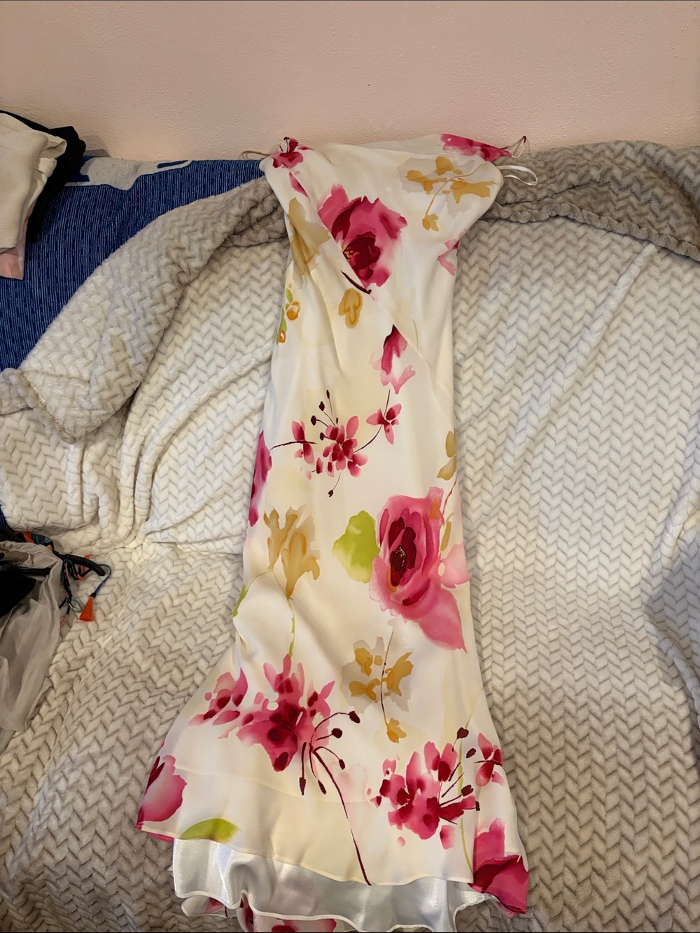 Kay Unger White Slip Dress with Pink & Gold Floral Print